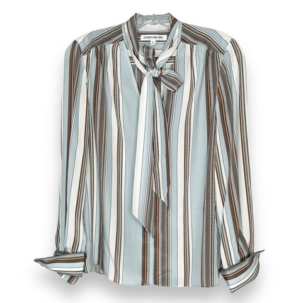 Elizabeth & James Mimi Tie Neck Stripe Silk Blouse In Dust Multi Women’s Size XS - Picture 2 of 11